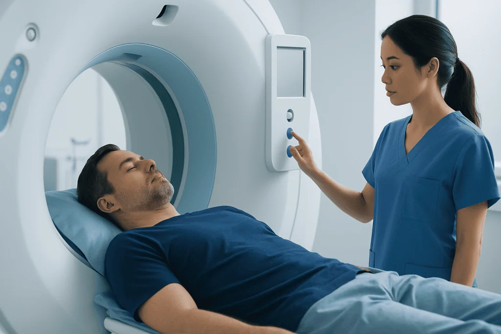 Patient undergoing a CT scan in a hospital setting with medical staff present.