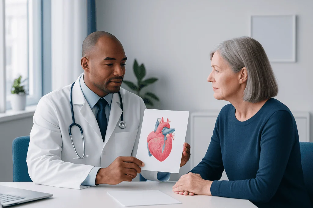 Doctor explaining heart diagram to an elderly woman in a medical consultation.