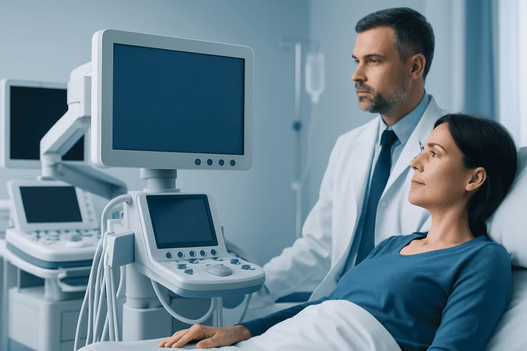 Doctor and patient in a hospital room with medical equipment.
