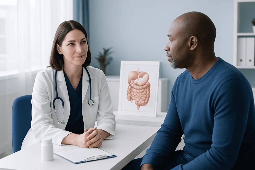 Doctor consulting with patient in a medical office with digestive system diagram.