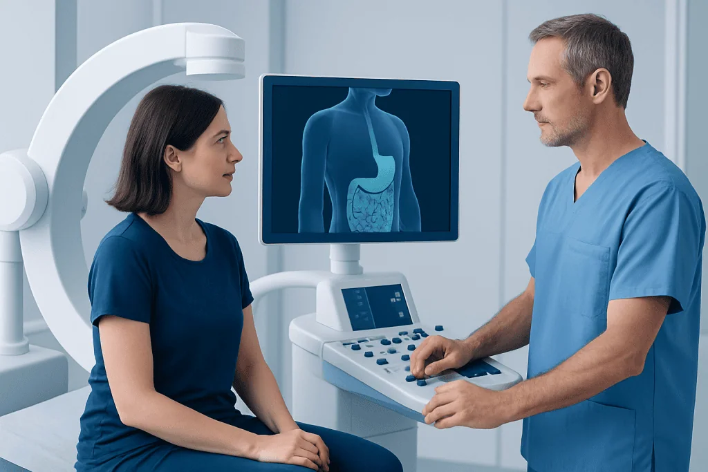 Doctor explaining gastrointestinal scan to patient in medical facility.