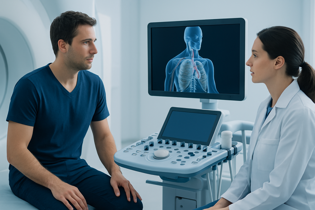 Doctor explaining lung scan to patient in a medical examination room.