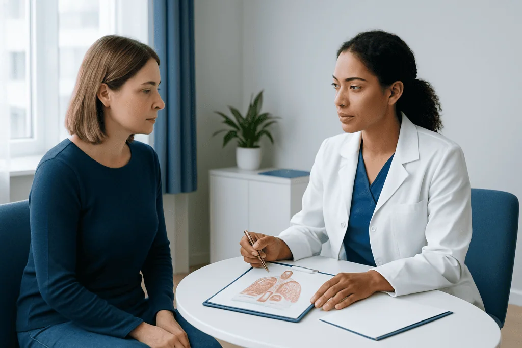 Doctor explaining medical information to a patient in a consultation room.