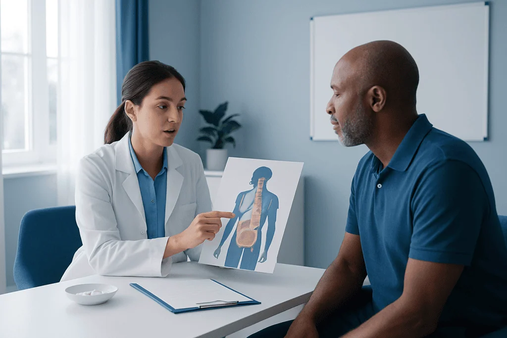 Doctor explaining gastrointestinal health to patient in consultation room.
