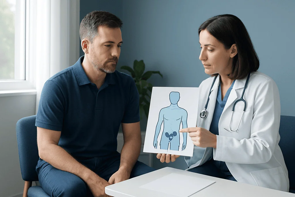 Doctor explaining male reproductive health to patient with diagram.