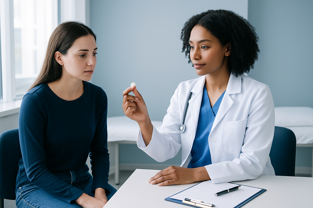 Doctor explaining medication to a patient in a clinical setting.