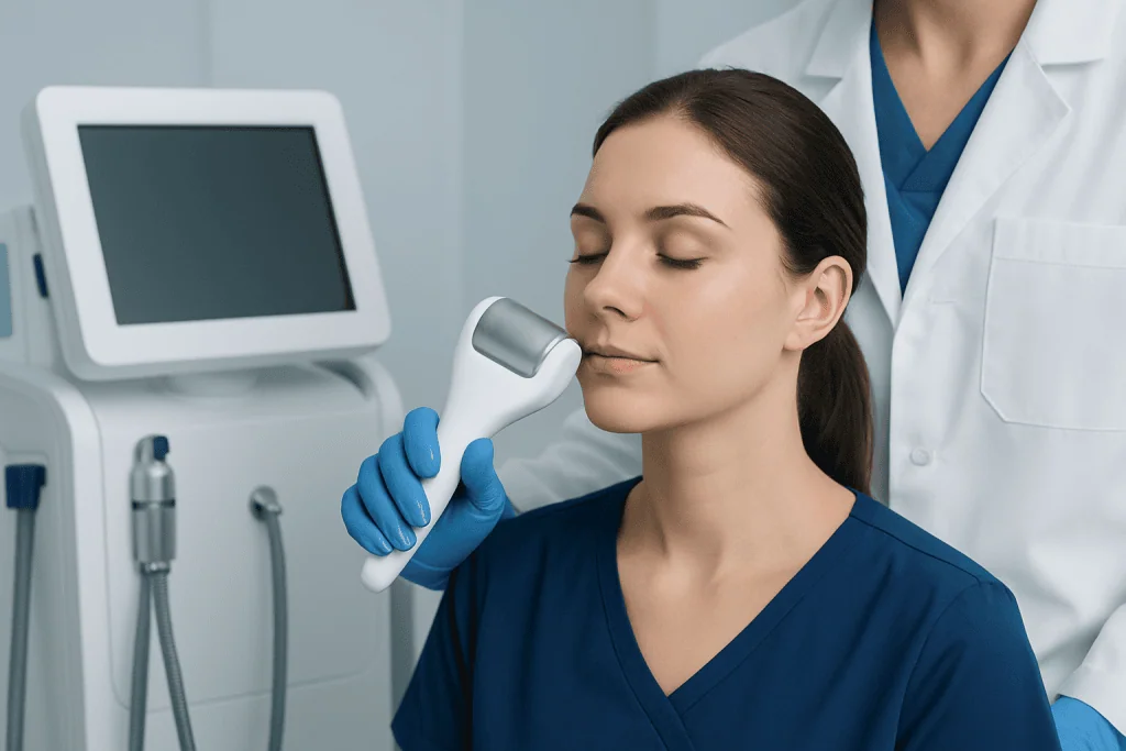 Medical professional using a facial ultrasound device on a patient.