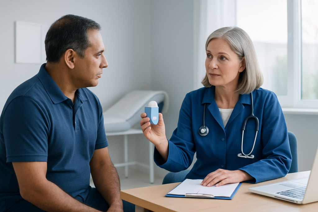 Doctor explains medication to patient in a clinical setting.