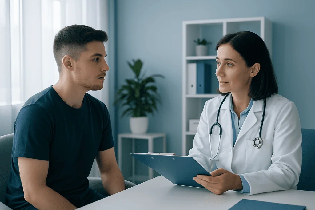 Doctor consulting with a young male patient in a medical office.