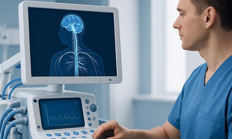 Medical professional analyzing a spinal MRI scan on a computer monitor.