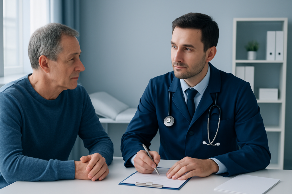 Doctor consulting with an elderly male patient in a medical office.