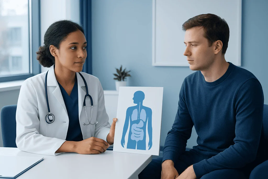 Doctor explaining digestive system to patient in a medical consultation.