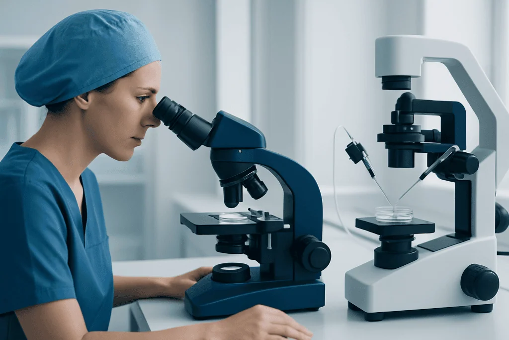 Female scientist examining samples with advanced microscopes in a laboratory.