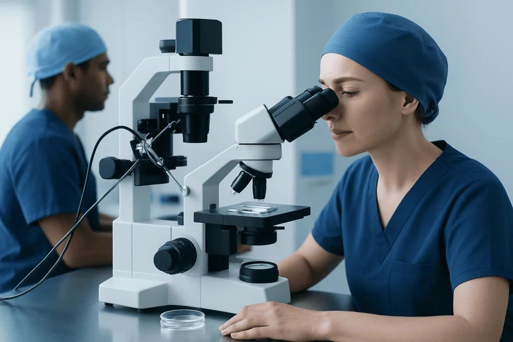 Medical professionals conducting laboratory research with microscopes at Acibadem Hospitals.