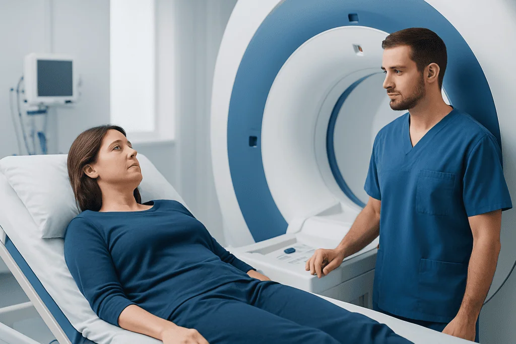 Patient undergoing MRI scan at Acibadem Hospital for health assessment.