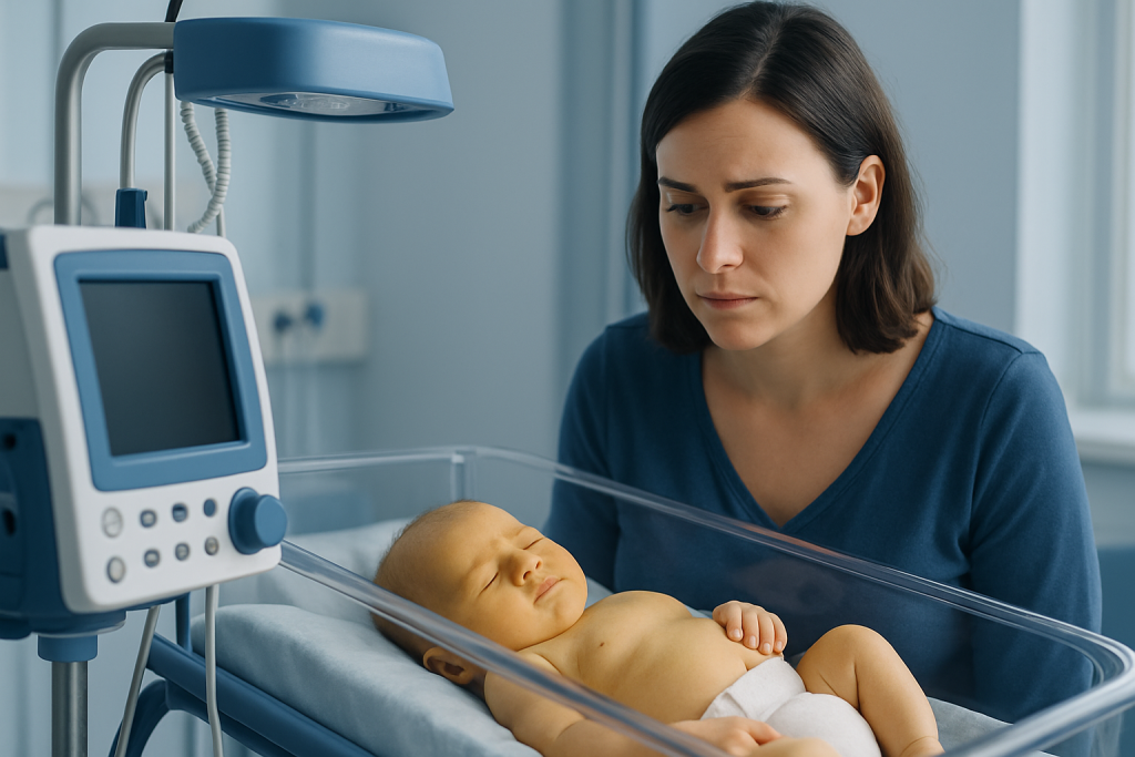 Mother looks at jaundiced baby in hospital incubator with medical equipment nearby.