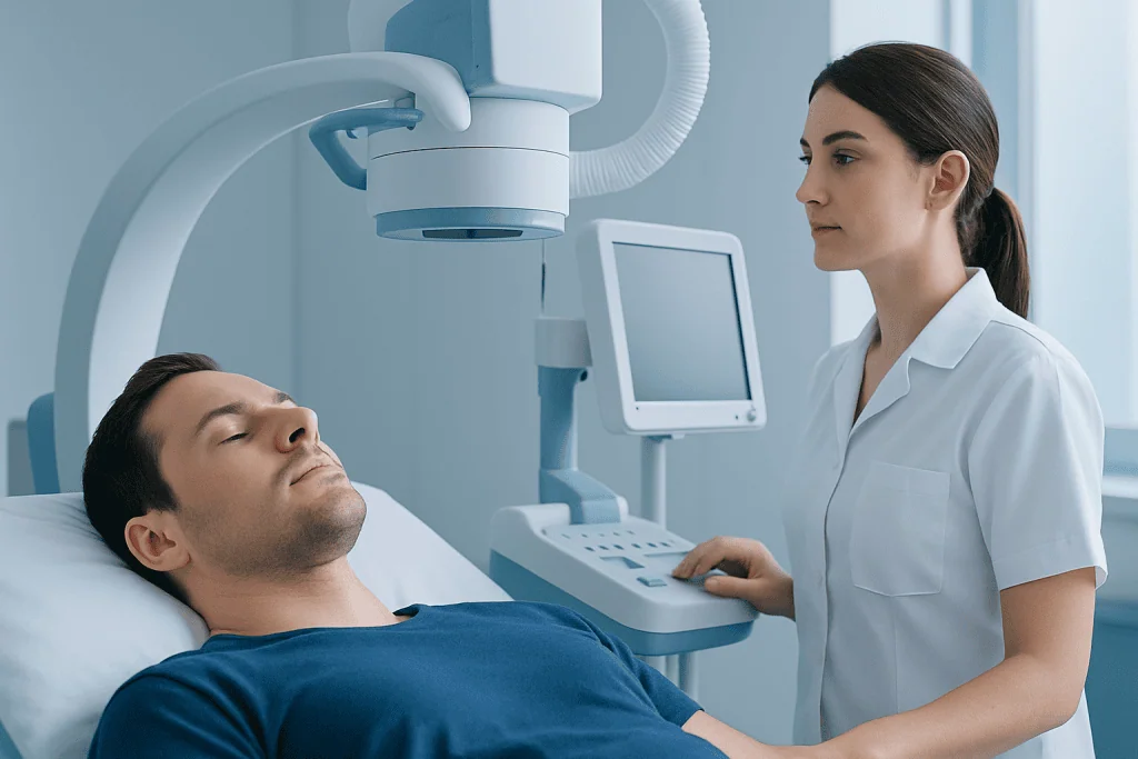 Medical professional performing an ultrasound on a patient in a hospital room.