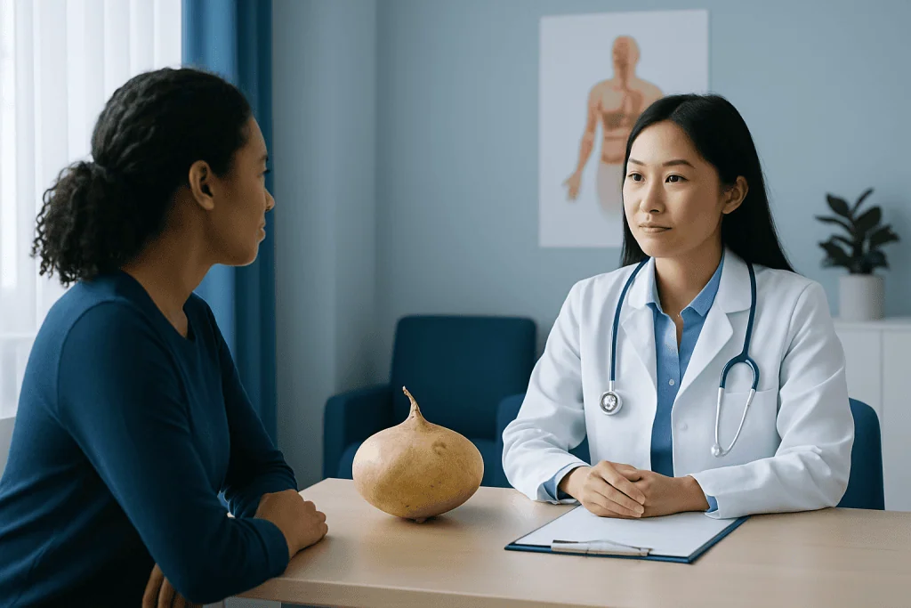 Doctor consulting with patient in a medical office with anatomical chart in background.