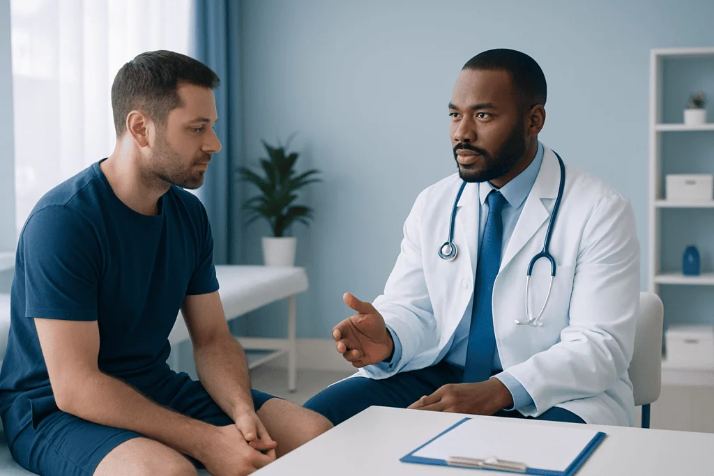 Doctor consulting with patient in a medical office setting.