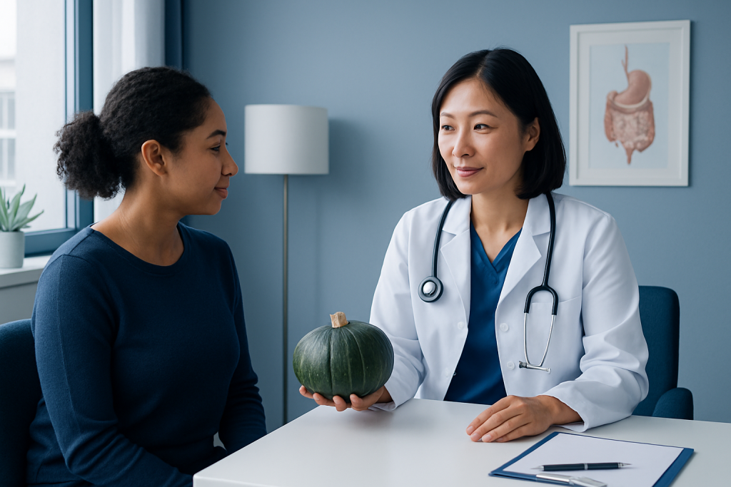 Doctor explaining benefits of kabocha squash to patient in consultation room.