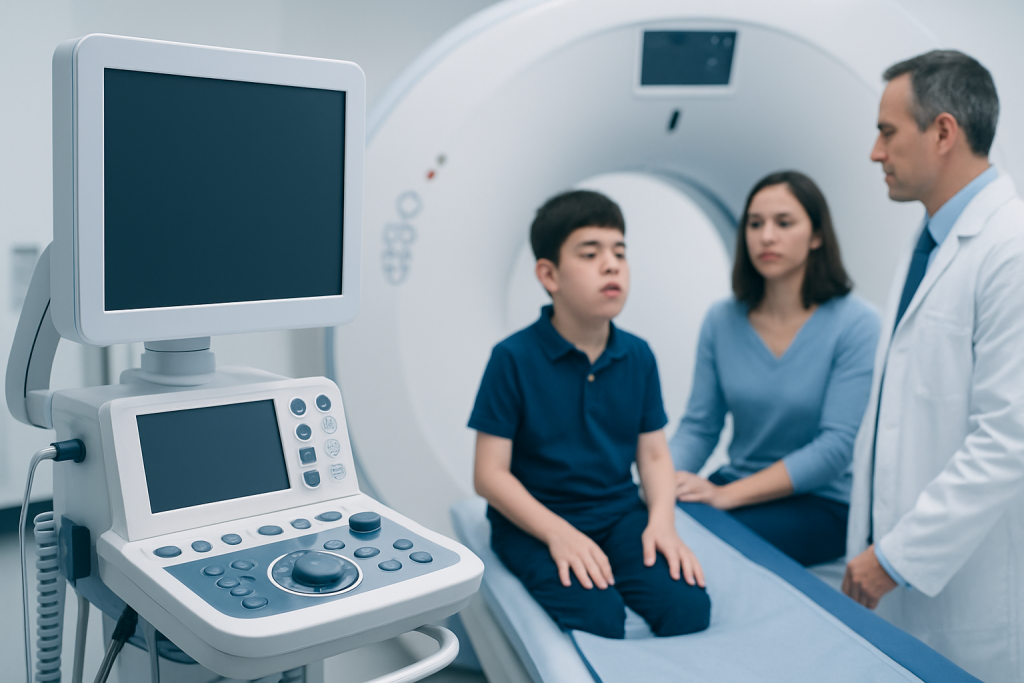 Child undergoing a medical scan at Acibadem Hospital with doctor and mother present.
