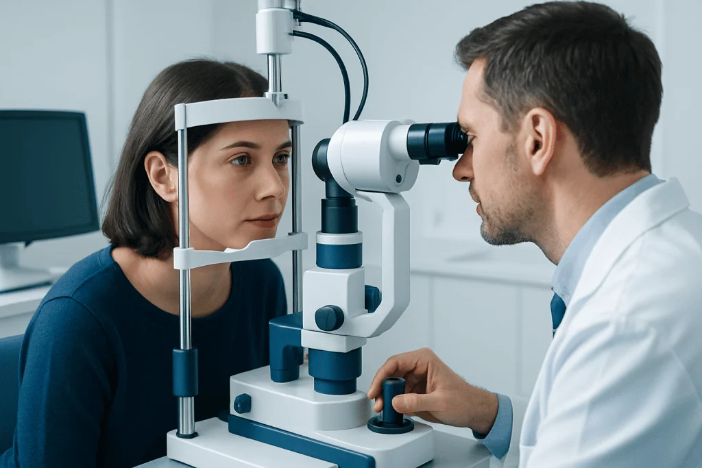 Optometrist examines patient's eyes with slit lamp in clinic setting.