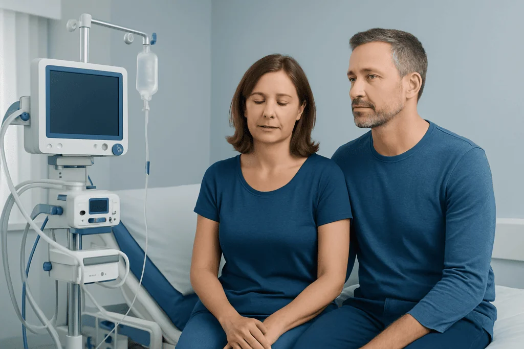 Medical consultation with a patient and doctor in hospital room.