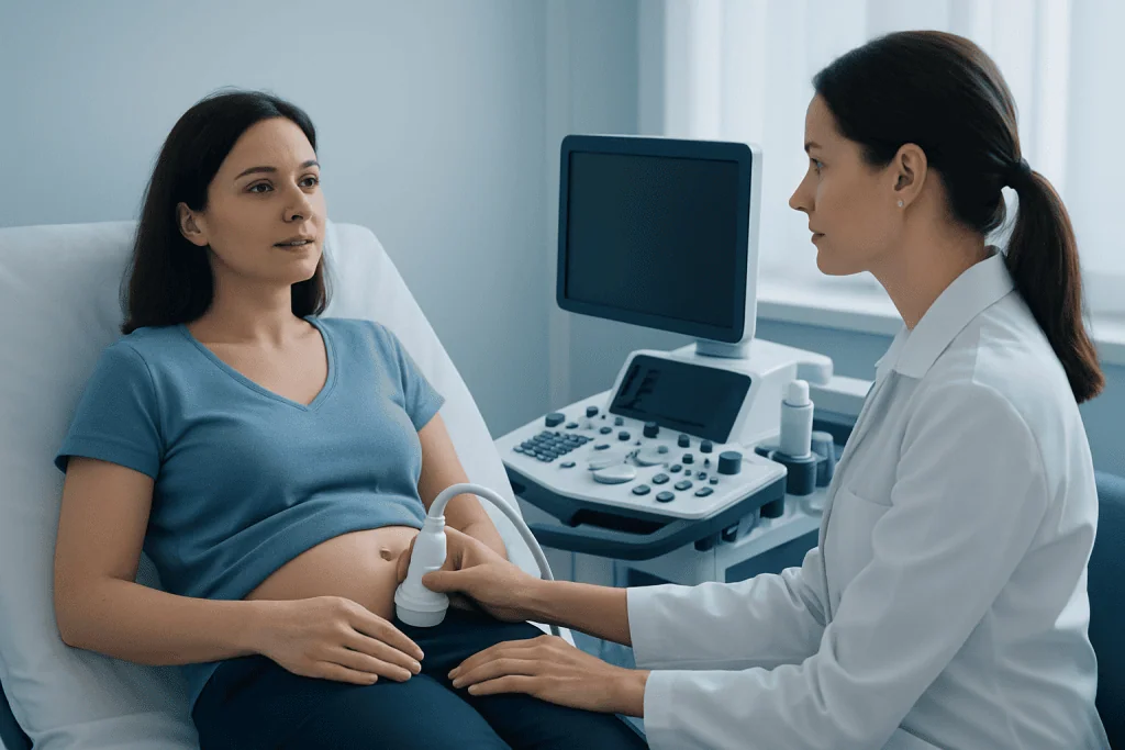 Medical examination of a woman with an ultrasound device at a hospital.