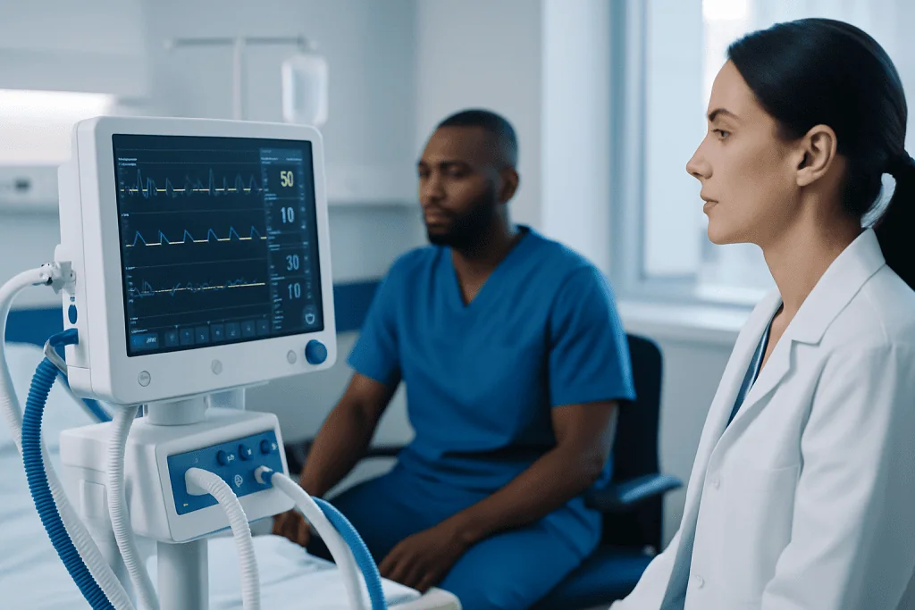 Medical professionals monitoring patient with vital signs equipment in hospital.