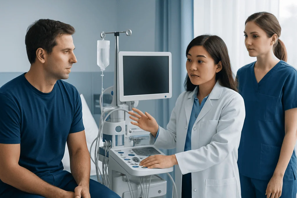 Doctor consulting patient in hospital room with medical equipment.