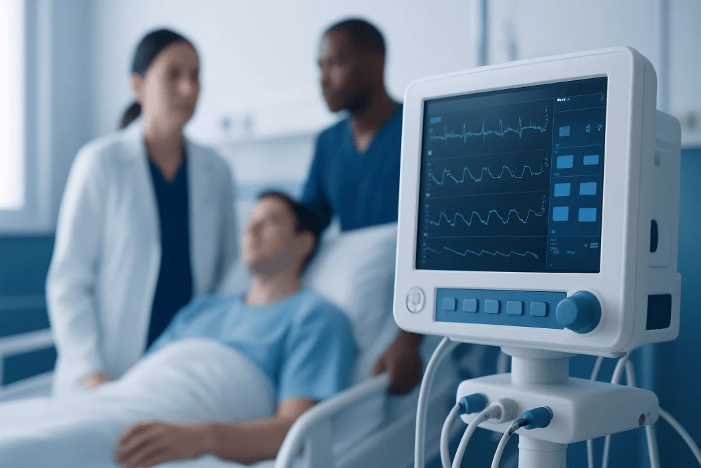 Medical monitor displaying patient heart rate in hospital setting.