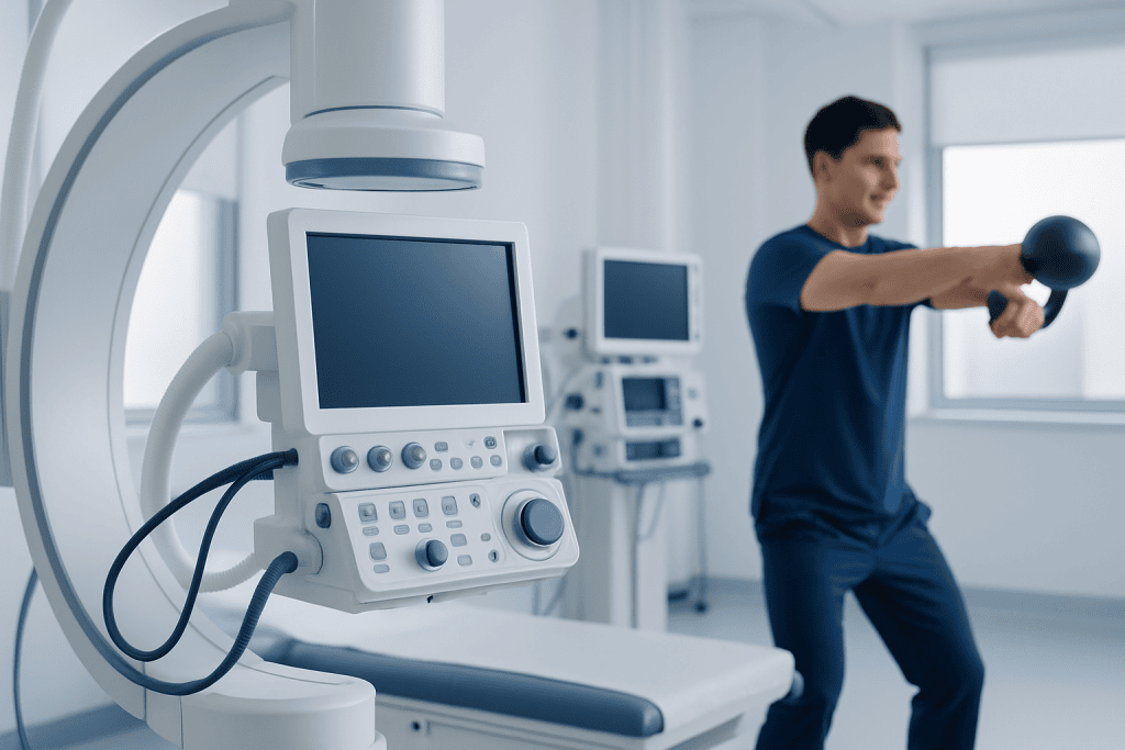 Medical professional using a handheld device in a hospital setting.