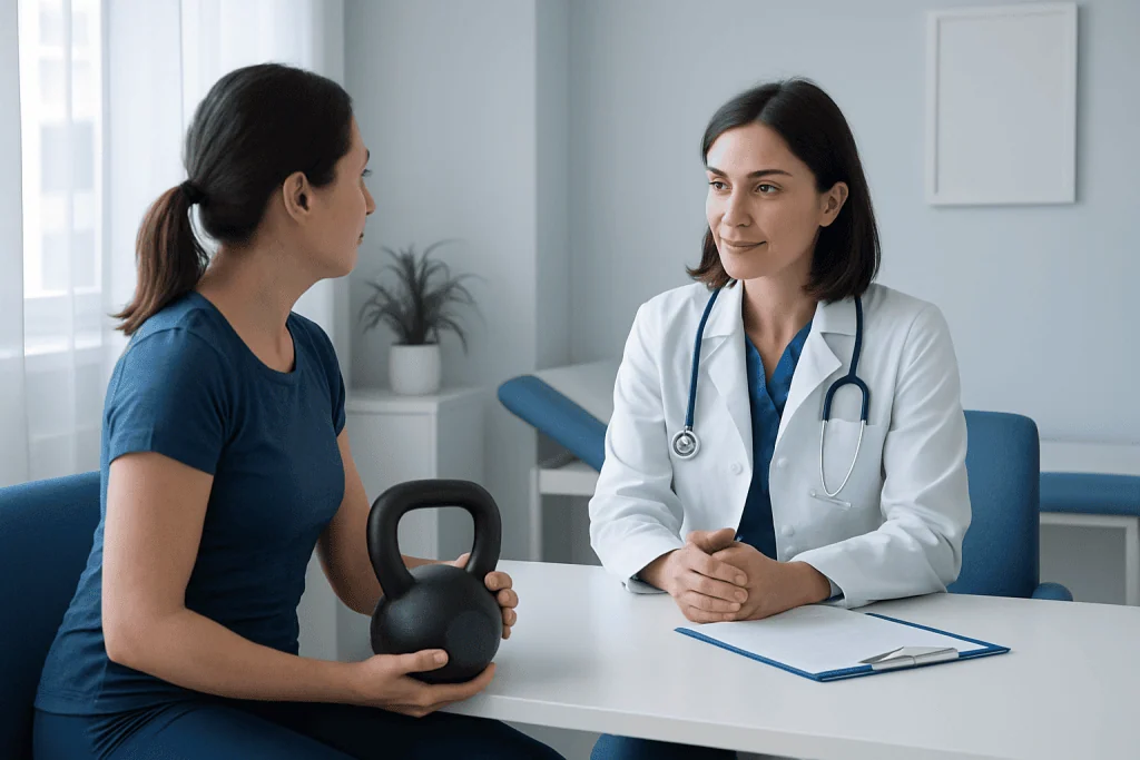 Doctor consulting patient in a medical office setting.