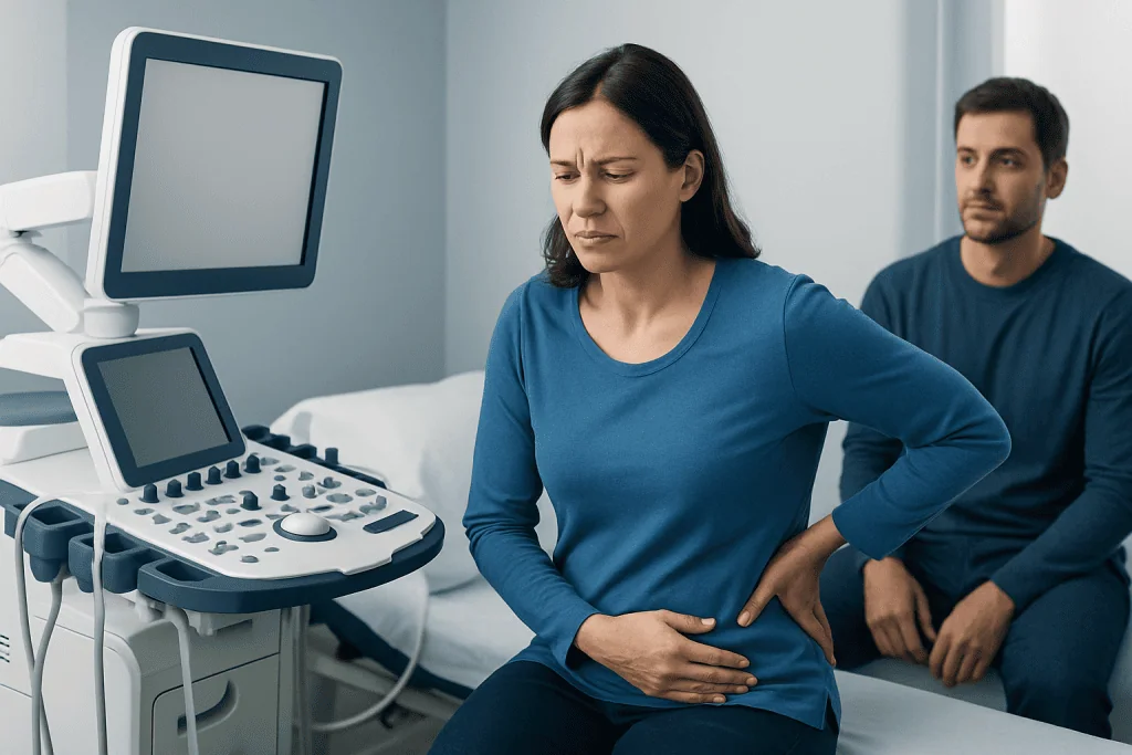 Woman experiencing abdominal pain during a medical ultrasound exam.