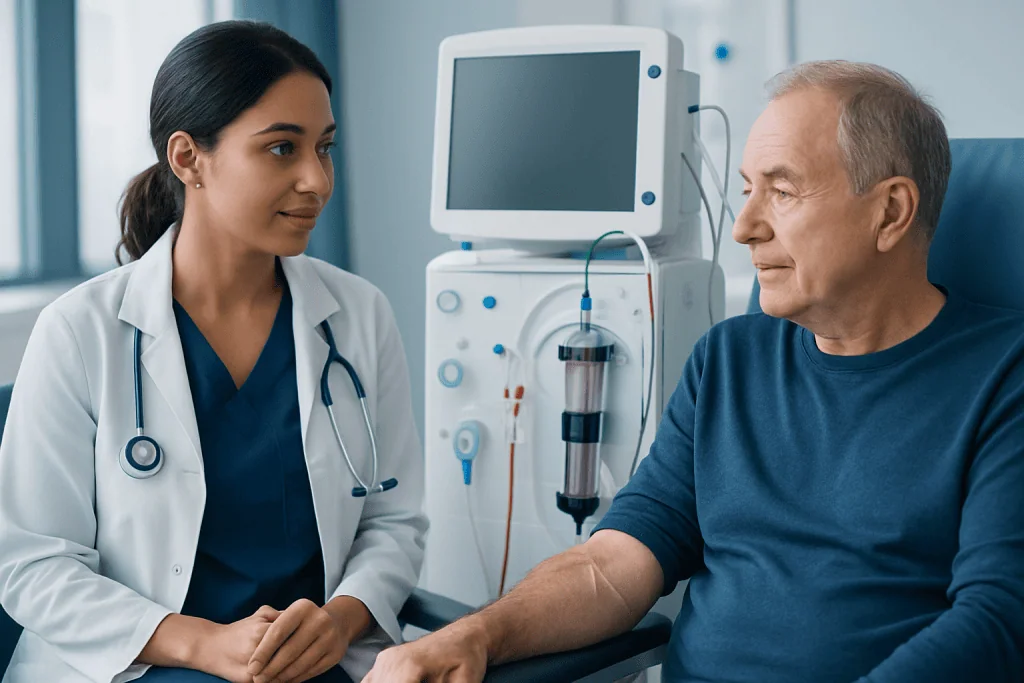 Doctor consulting with a patient in a hospital setting.