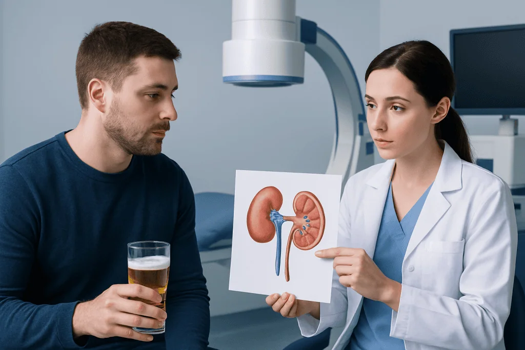 Doctor explains kidney anatomy to patient with beer in hand.