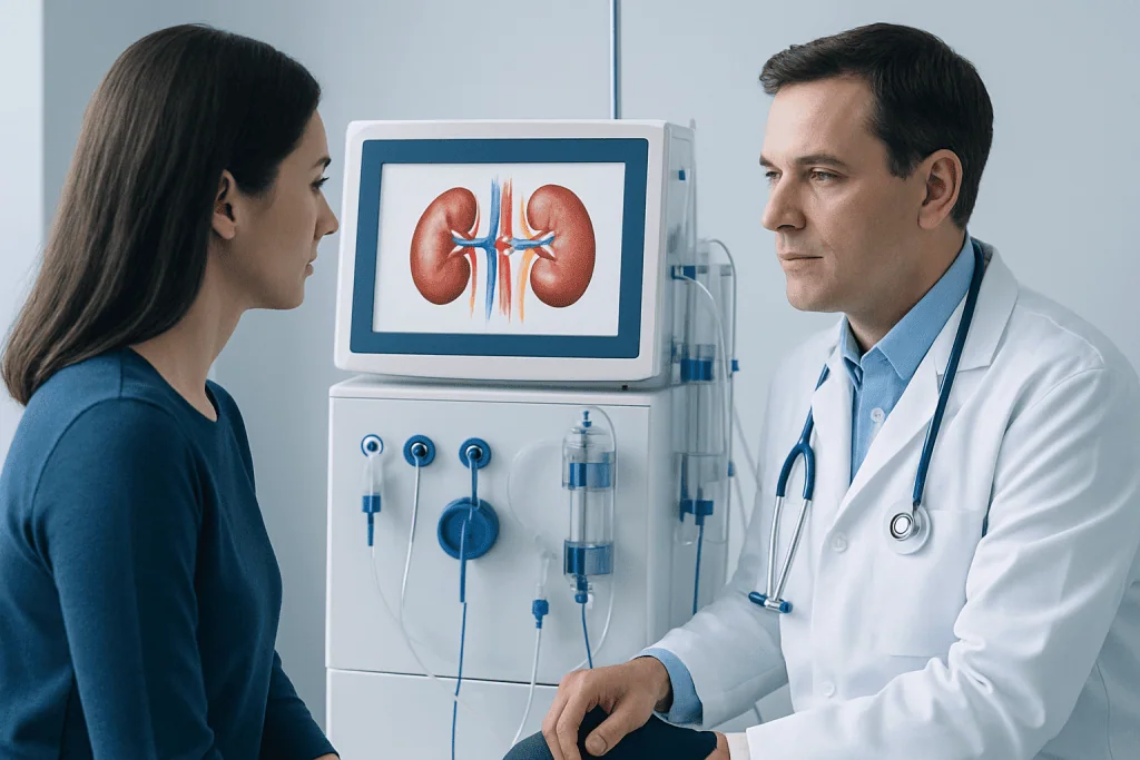 Doctor consulting with patient about kidney health and dialysis treatment.
