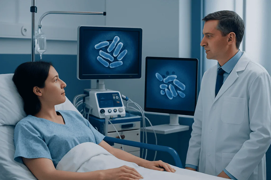 Doctor explaining medical scan to patient in hospital room.