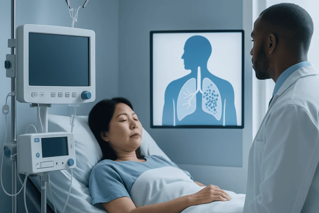 Patient in hospital bed with doctor discussing lung health.