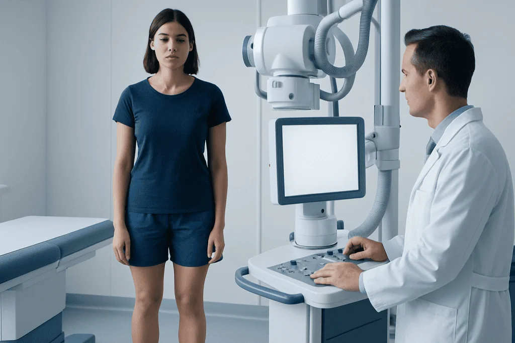 Medical examination of a young woman with a specialized imaging device in a hospital.