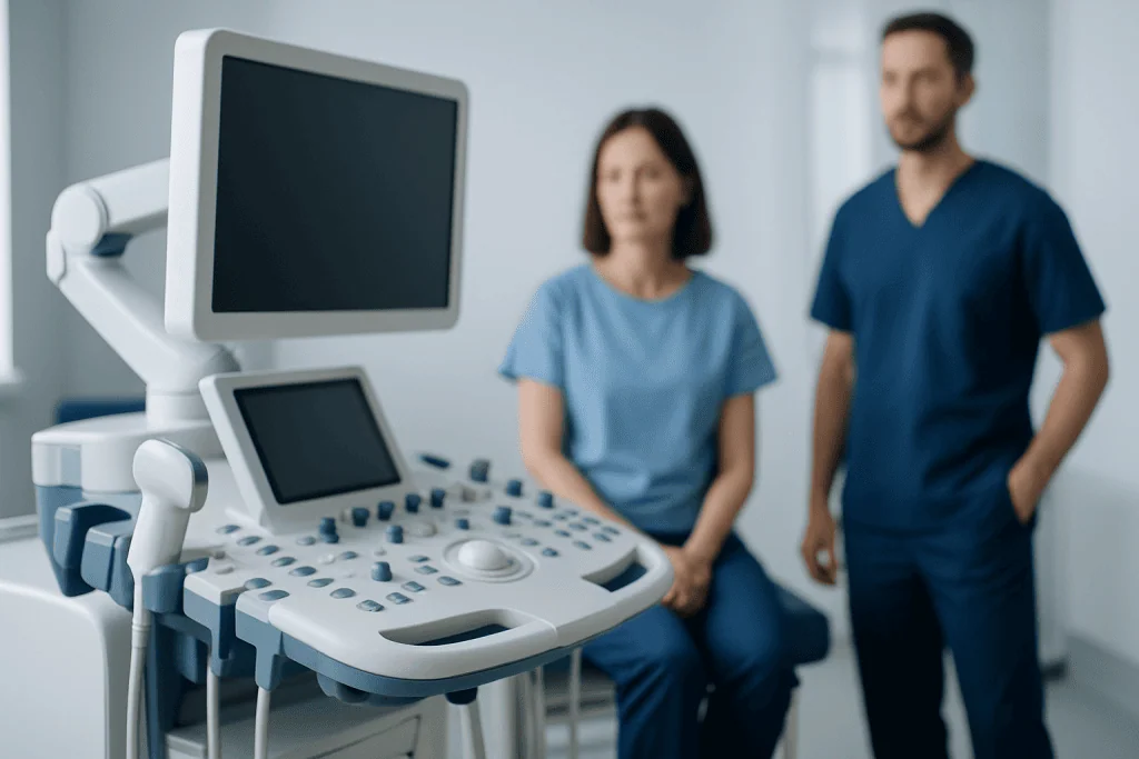 Medical professionals with ultrasound equipment in a hospital setting.