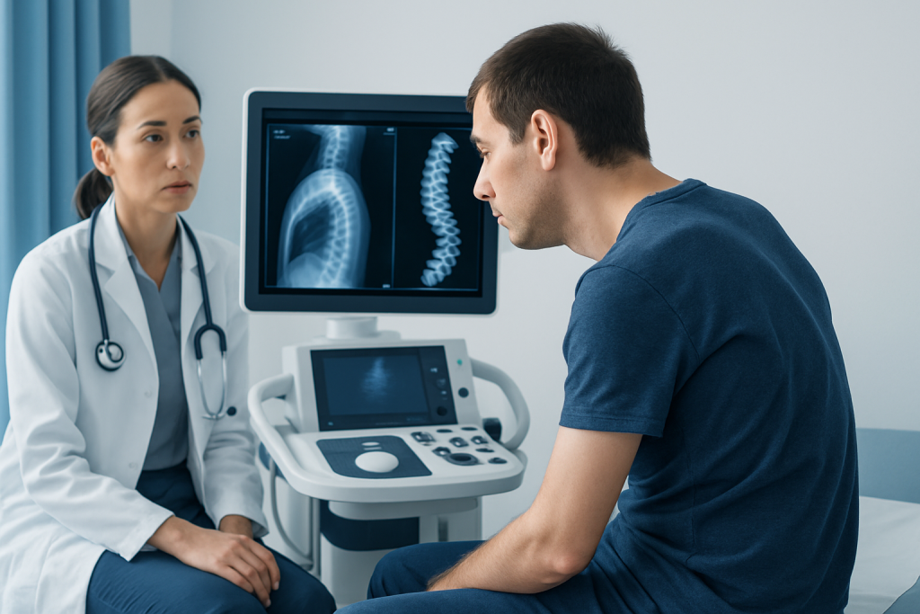 Doctor explaining spinal X-ray to patient in hospital setting.