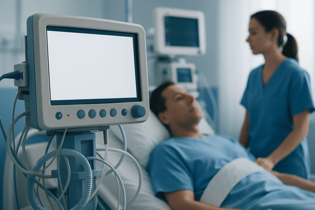Hospital patient monitor in a medical setting with a patient and nurse nearby.