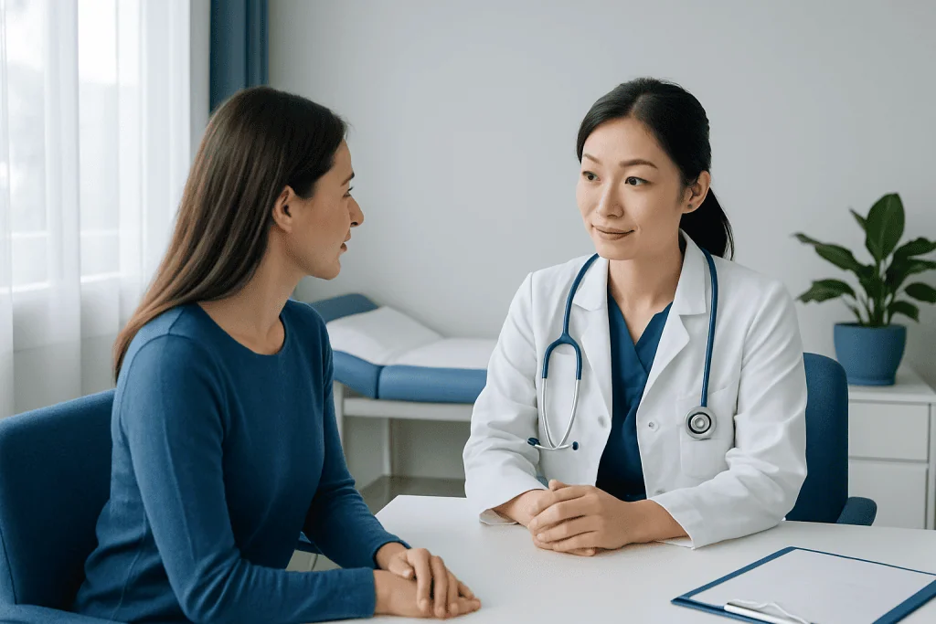 Doctor consulting with a patient in a modern hospital room.