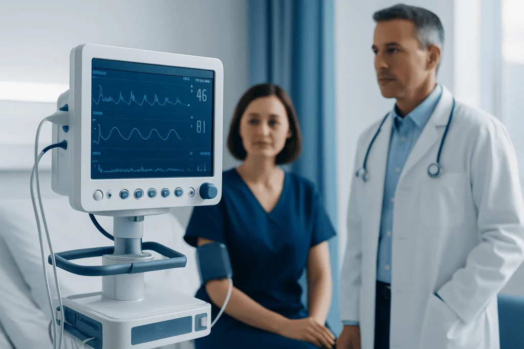 Medical professionals monitoring patient vital signs with a hospital monitor.
