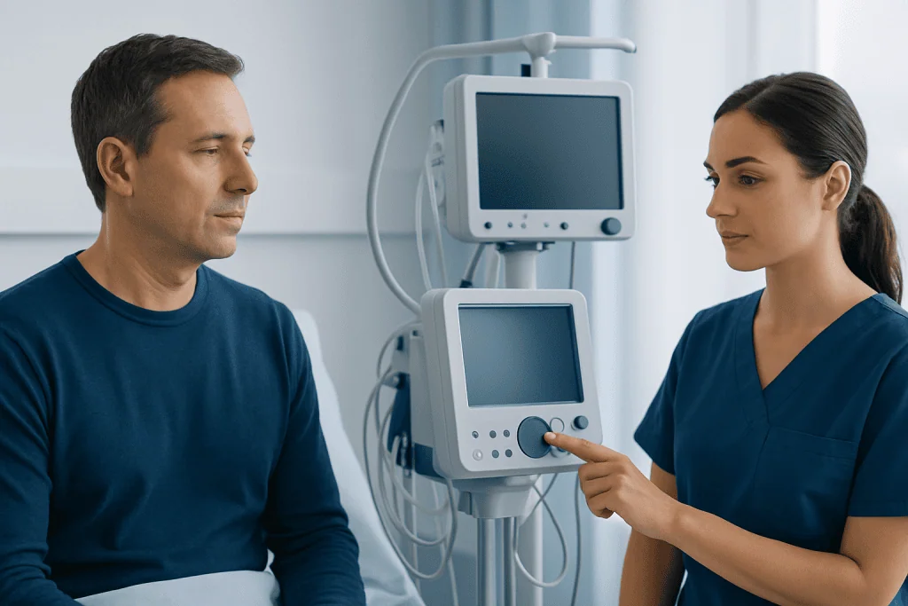 Doctor and patient in a hospital room with medical monitors.