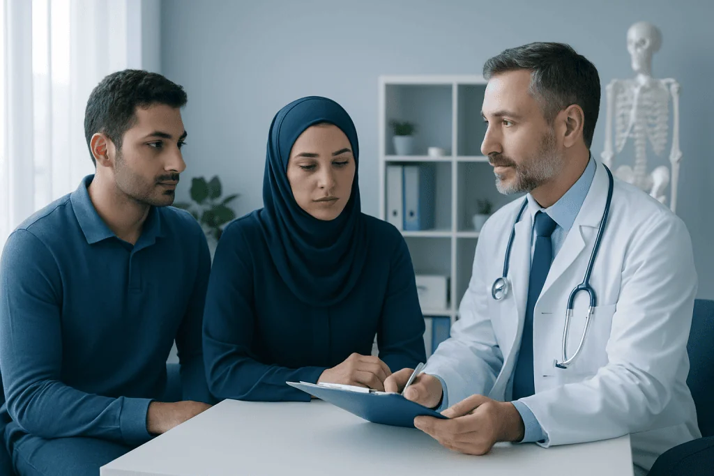 Doctor explaining medical consent to international patients at Acibadem Hospital.
