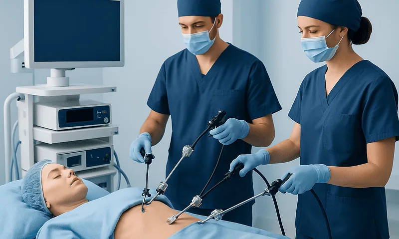 Surgeons perform laparoscopic surgery on a patient in an operating room.