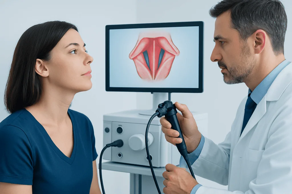 ENT doctor examining patient's throat with laryngoscope during consultation.