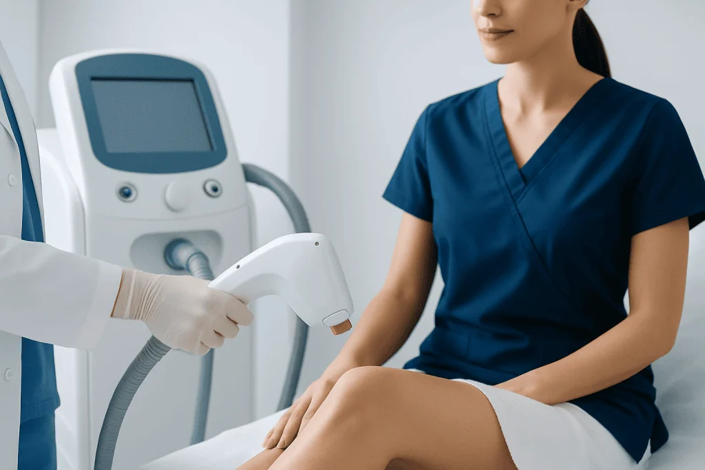 Medical professional performing laser hair removal treatment on patient.
